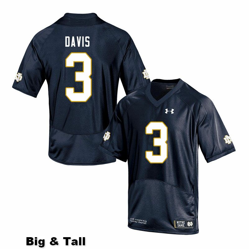 Men's NCAA Notre Dame Fighting Irish #3 Avery Davis Stitched College Under Armour Authentic Navy Big & Tall Football Jersey UQ10O16LK